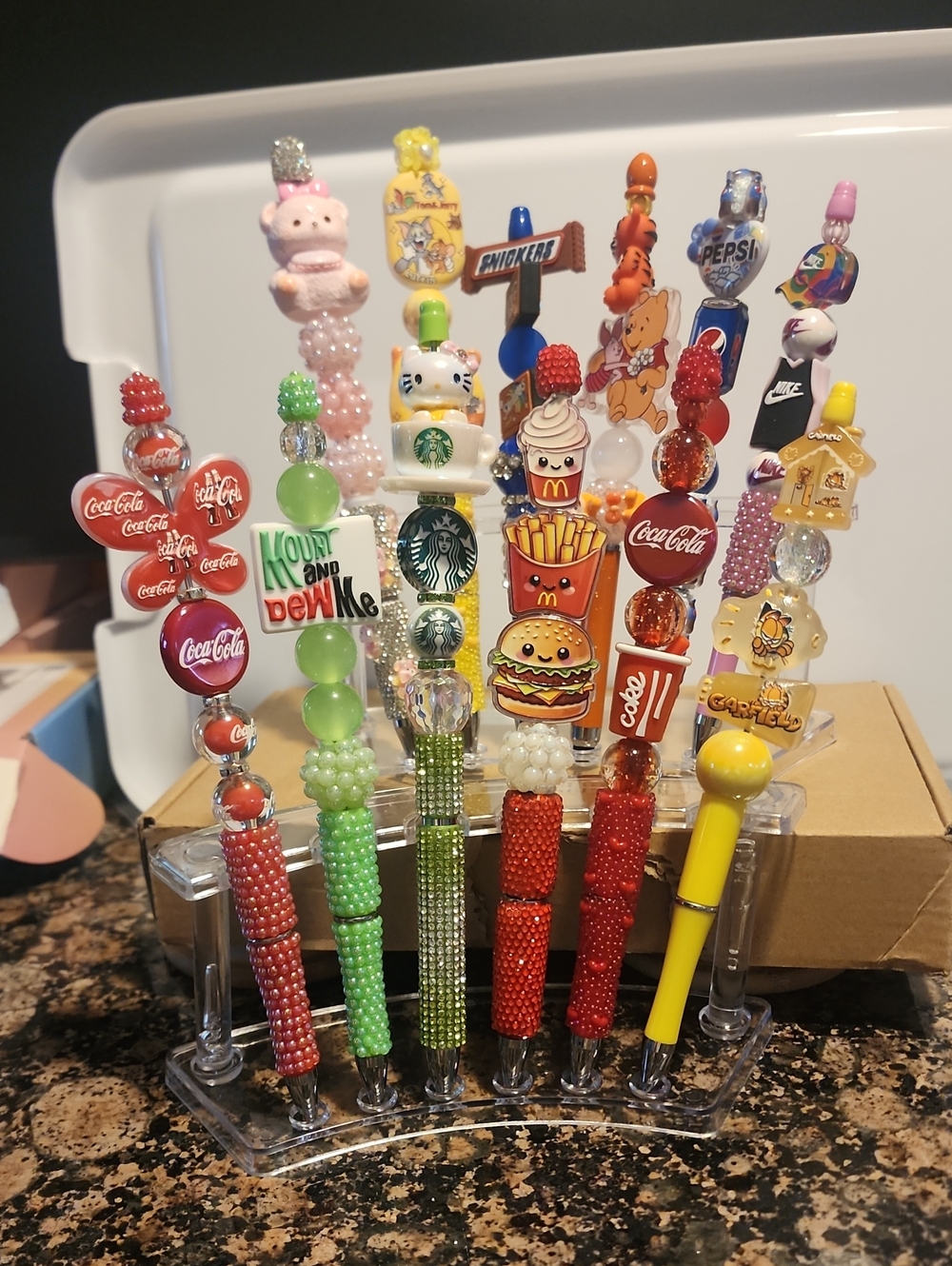 Beaded Novelty Pens Set with Branded Charms - Coca-Cola, Starbucks, McDonald' .